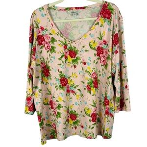 The Pioneer Woman Farmhouse Vibrant Pink Floral Popover V-Neck 3/4 Sleeve XL Top
